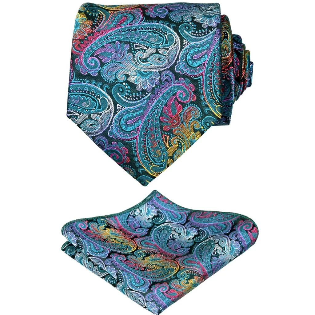 Corbata y pañuelo de bolsillo con dibujo ornamental azul, verde y rosa.