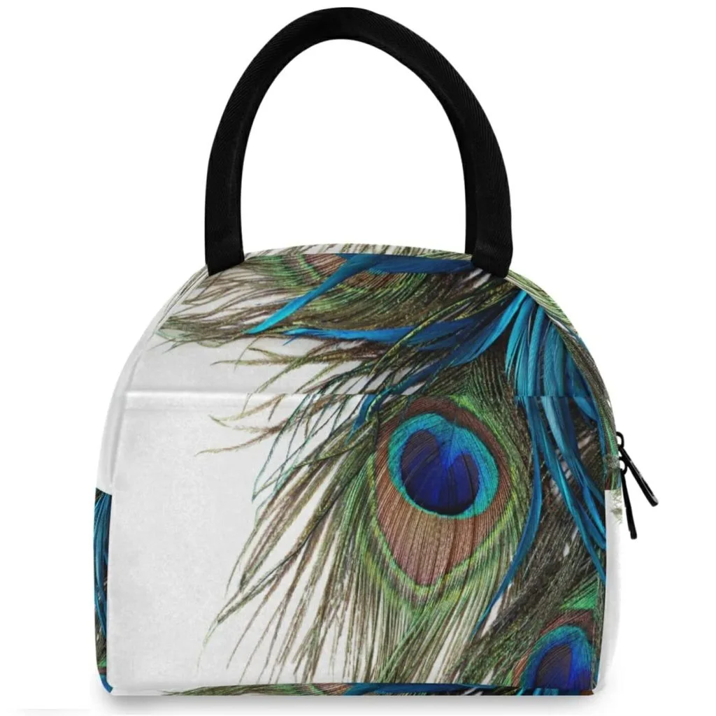Bolsa para almuerzo de plumas azules y verdes con asa negra