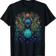 Camiseta negra con pavo real de arte psicodélico