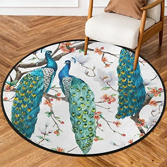 Alfombra redonda SEEKJOYS de pavos reales y flores, 160 cm
