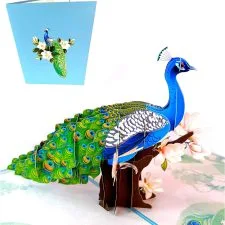Tarjeta pop-up ForeverGiving de pavo real sobre rama