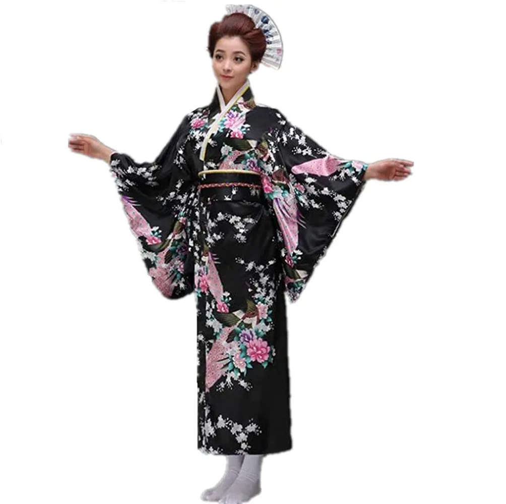 Kimono Black Sugar negro con pavos reales y flores rosas · talla única
