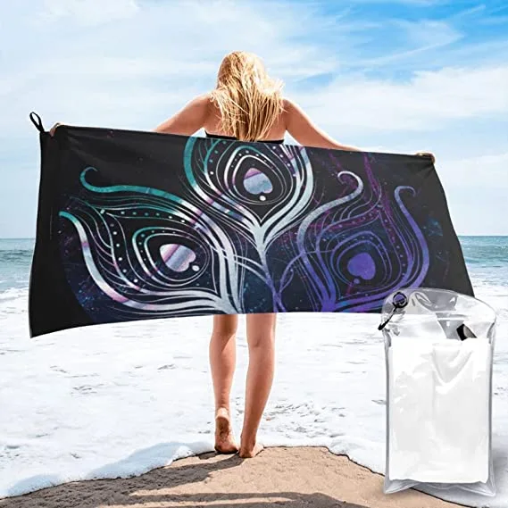 Toalla LOUJIN negra de plumas violetas, 70 × 140 cm