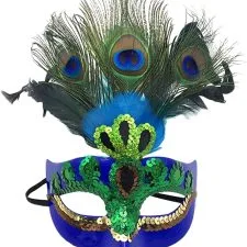 Antifaz azul Xinwcanga con lentejuelas y plumas de pavo real