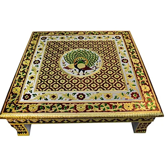 Mesa baja Pooja Bazar Chowki con pavo real, 45,7 cm