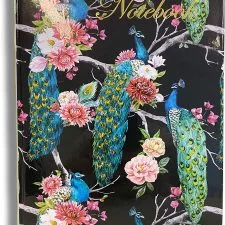 Cuaderno Maturi A5 de pavos reales y flores sobre negro
