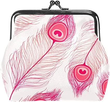 Monedero de boquilla con plumas rosas sobre blanco