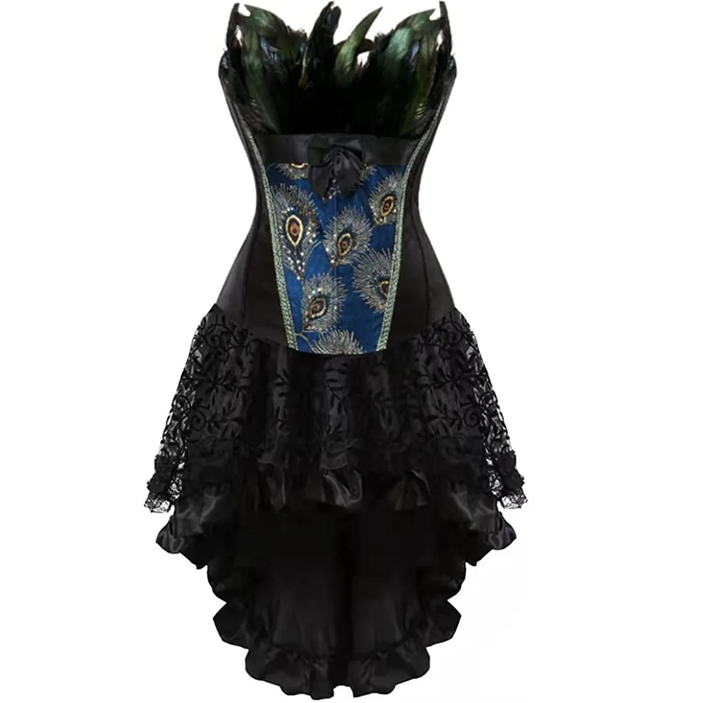 Conjunto Grebrafan de corsé y falda con motivos de pavo real
