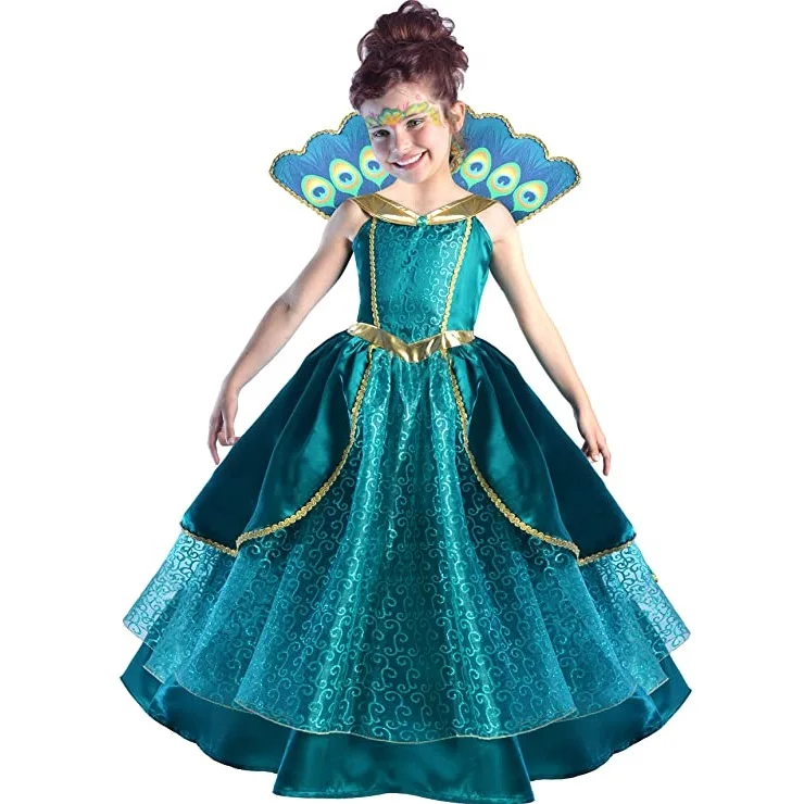 Vestido de disfraz infantil turquesa con un abanico de ocelos alrededor del cuello.