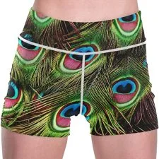 Pantalón corto negro con grandes ocelos verdes, azules y rosas.