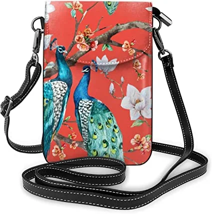 Bandolera Lawenp roja para móvil con pavos reales y flores