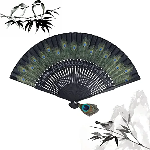 Abanico Pilipane negro con estampado de plumas