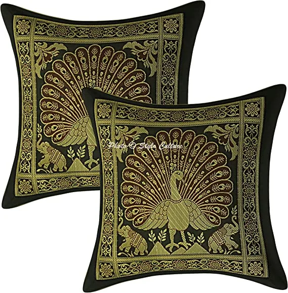 Dos fundas Stylo Culture negras y doradas de pavo real · 30 × 30 cm