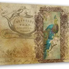 Cuadro Feeby de pavo real ornamental en tonos ocre · 70 × 50 cm