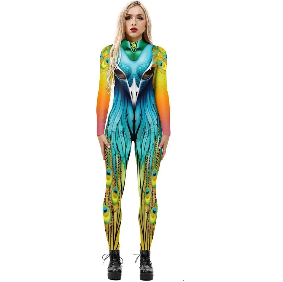 Disfraz ajustado de cuerpo entero con un gran pavo real azul y verde.