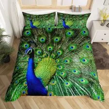 Funda nórdica Loussiesd verde con pavo real de cola abierta