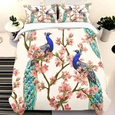 Funda nórdica de pavos reales entre flores rosas, 220 × 230 cm