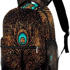 Mochila negra con ocelos turquesas y detalles de color dorado.