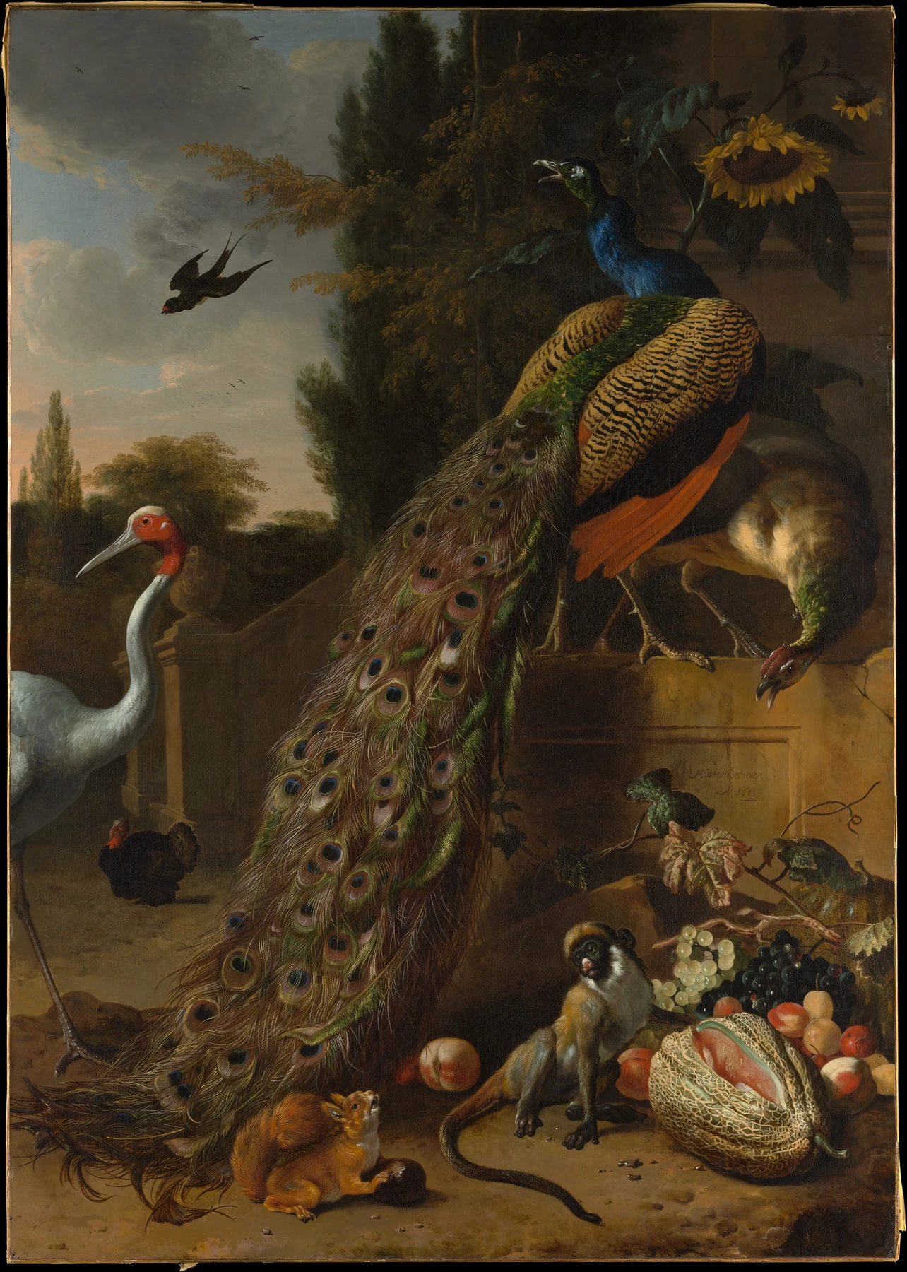 Pintura histórica de Melchior d’Hondecoeter con pavos reales en un jardín.