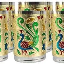 Juego de seis vasos Rastogi con pavos reales dorados, 200 ml