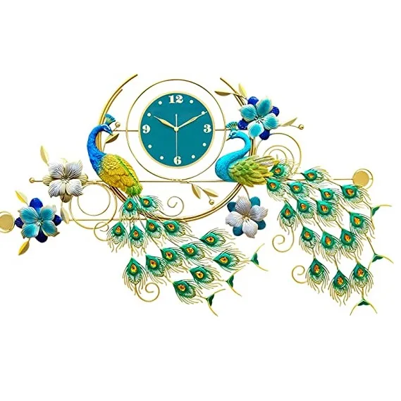 Reloj JJZXD de dos pavos reales y flores azules · 124 × 74 cm