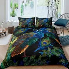 Funda nórdica Loussiesd negra con pavo real azul, 135 × 200 cm