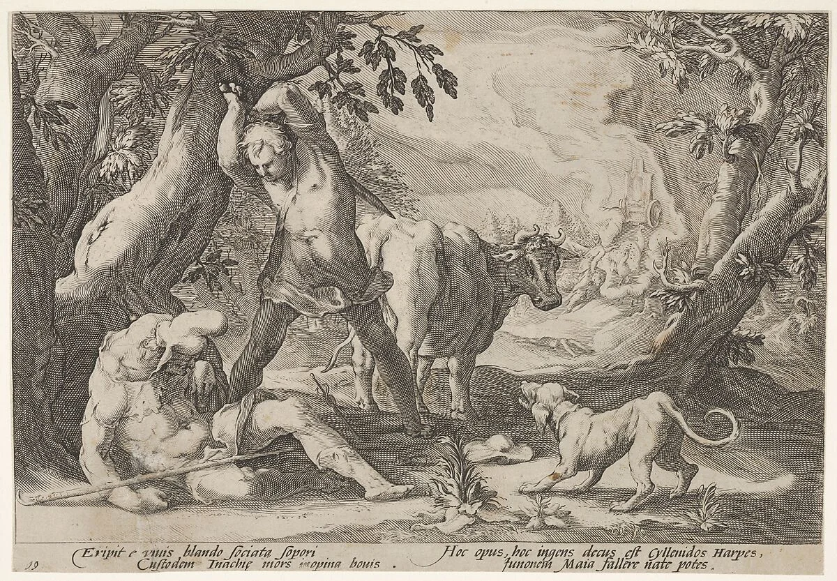 Grabado de Mercurio y Argos, con Io y Juno, basado en las Metamorfosis de Ovidio, hacia 1589.