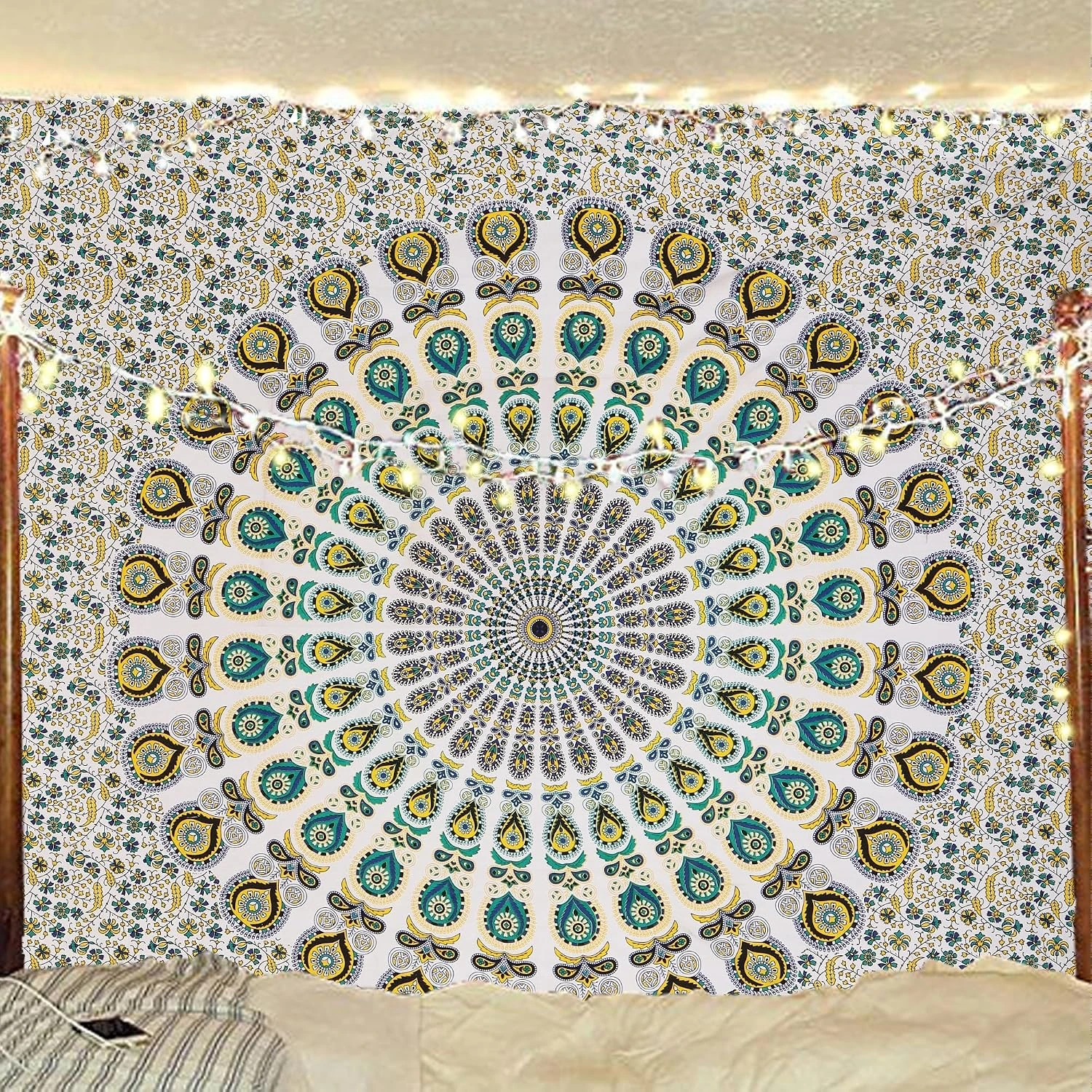 Tapiz Bless de mandala de ocelos amarillo y verde