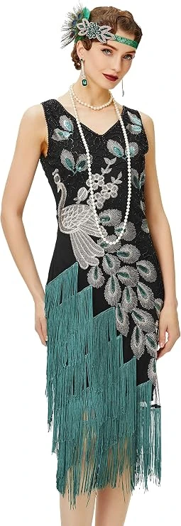Vestido BABEYOND de pavo real con flecos verdes