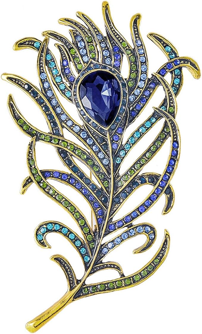 Broche Mecool de pluma de pavo real con lágrima azul