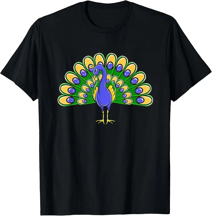 Camiseta negra de pavo real azul y abanico amarillo y verde
