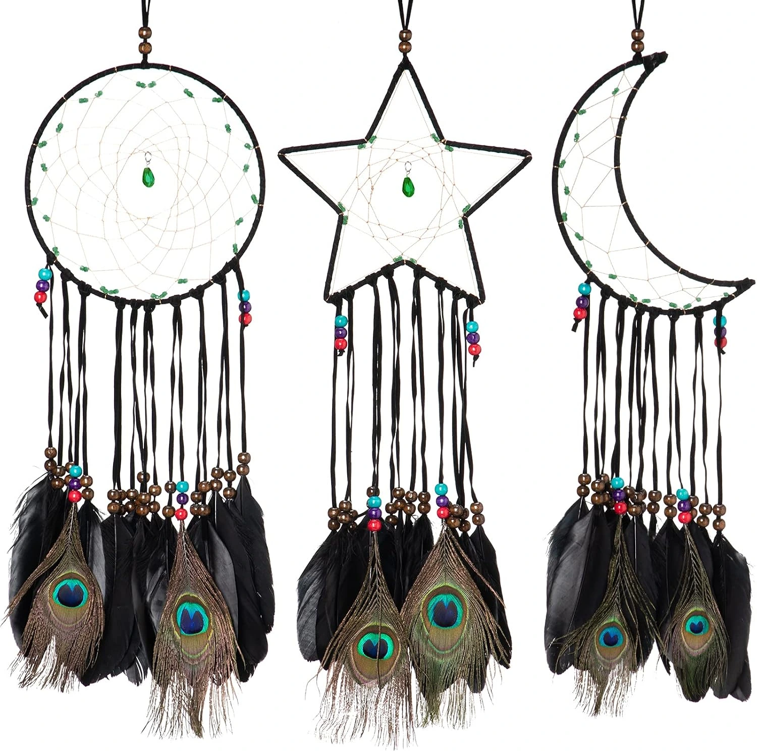 Tres atrapasueños Jetec de sol, estrella y luna con ocelos