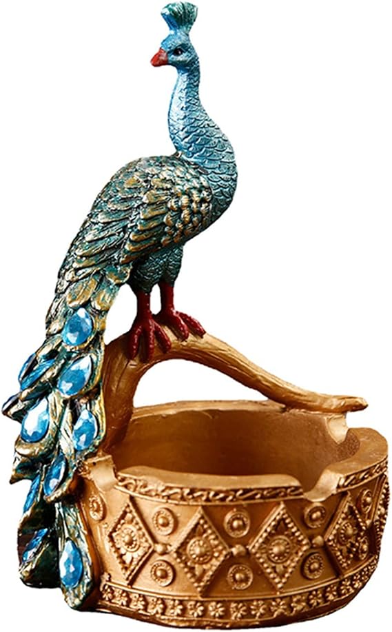 Cenicero ornamental VALINK con pavo real sobre cesta dorada