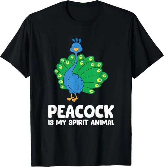 Camiseta negra «Peacock Is My Spirit Animal» con ave ilustrada