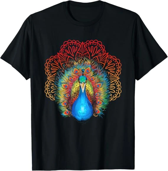 Camiseta negra de pavo real frontal con borde ornamental