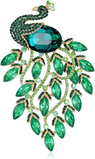 Broche IMINI de pavo real verde con cola colgante