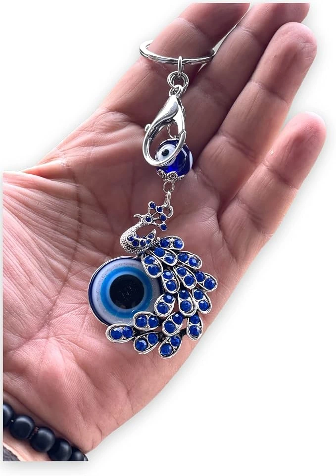 Llavero BLUE BEADS de pavo real con cuentas de ojo azul