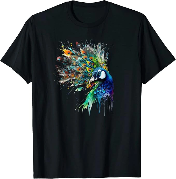 Camiseta negra de pavo real con ocelos multicolores