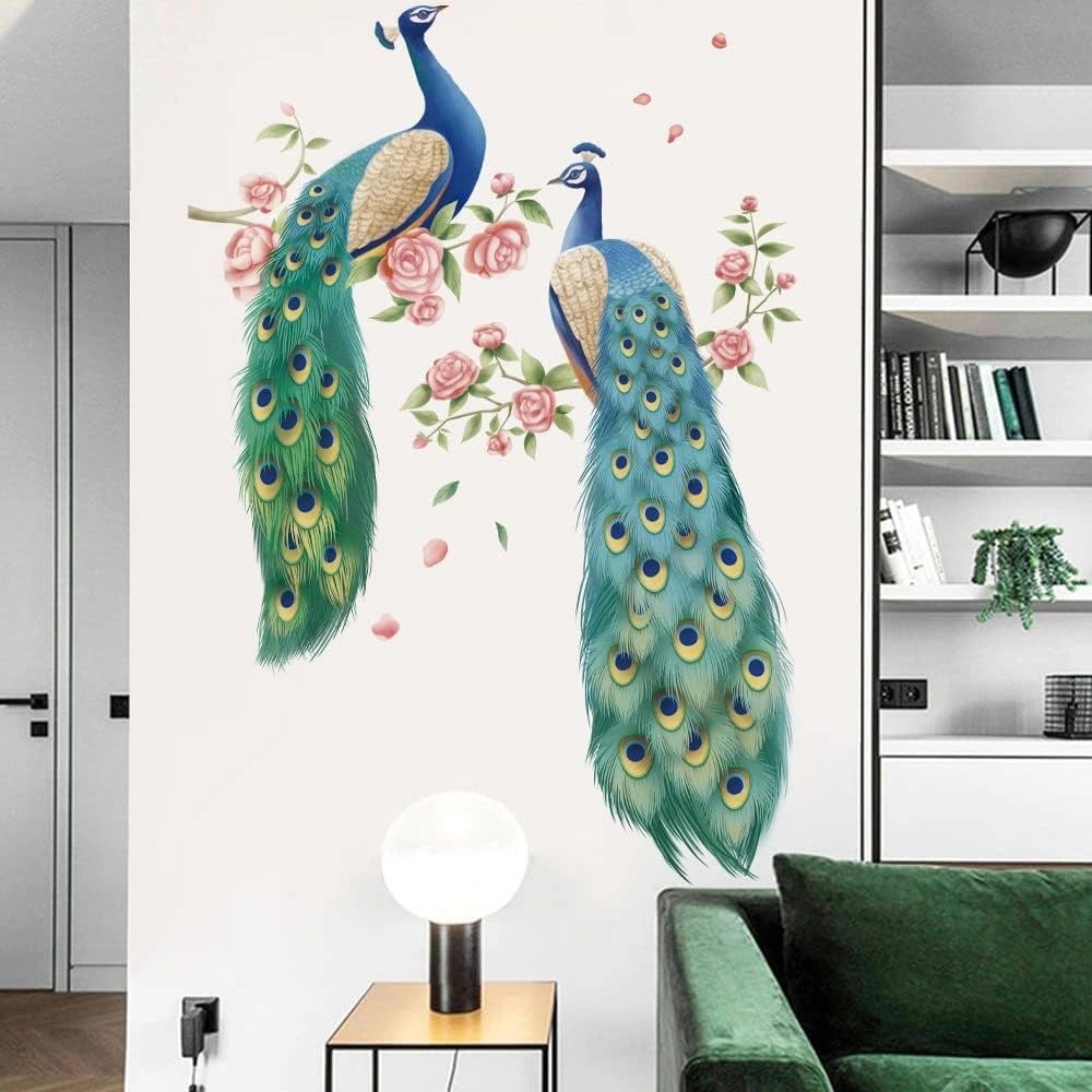 Vinilo Runtoo de dos pavos reales sobre una rama con rosas