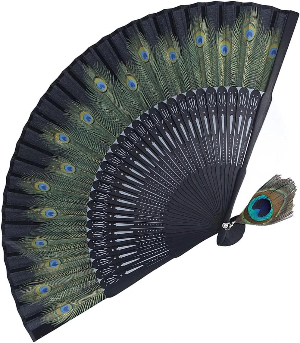 Abanico Naroote negro con dibujo de ocelos y una pluma