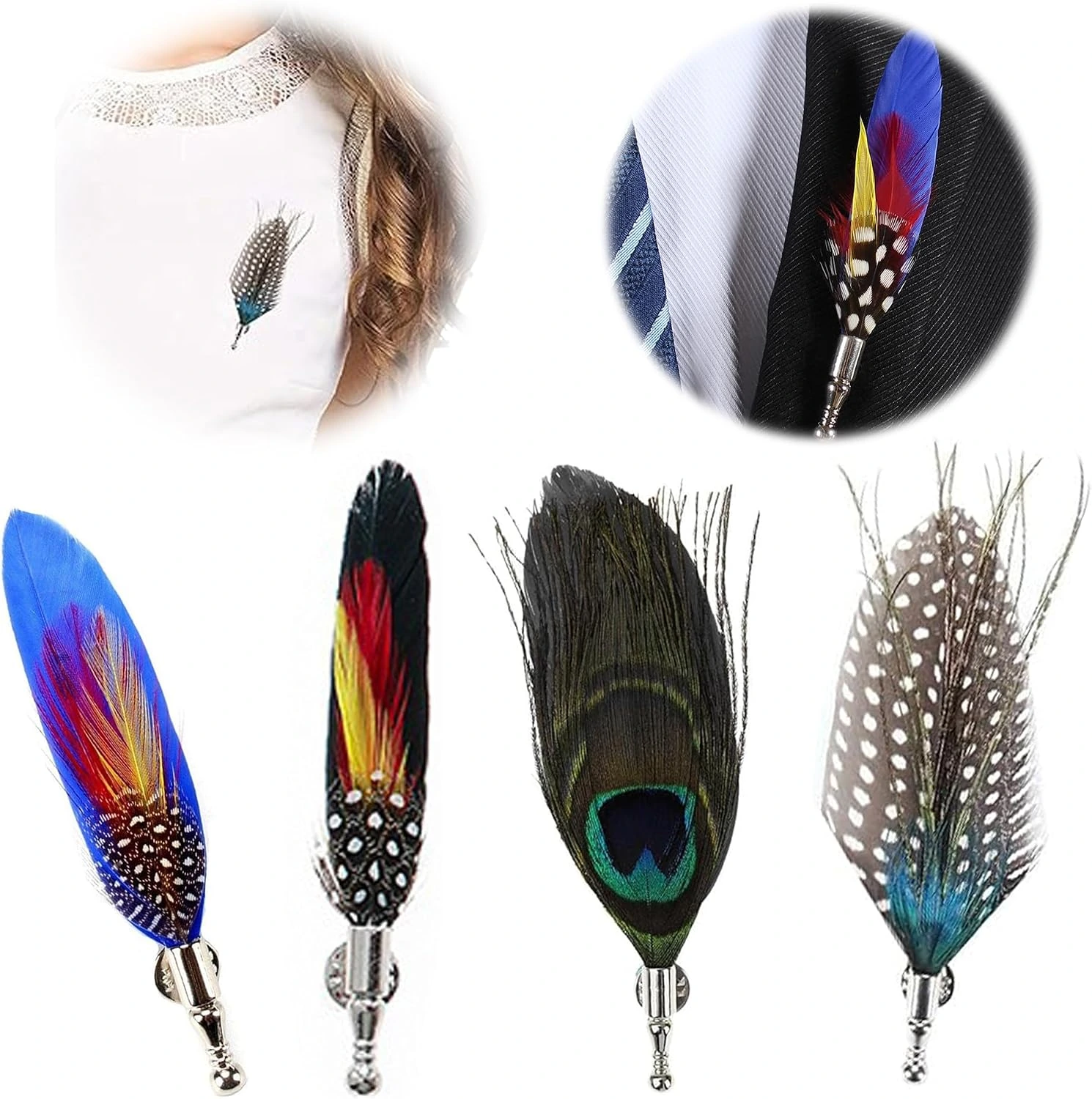 Cuatro broches Ltsbaed de plumas · uno con ocelo