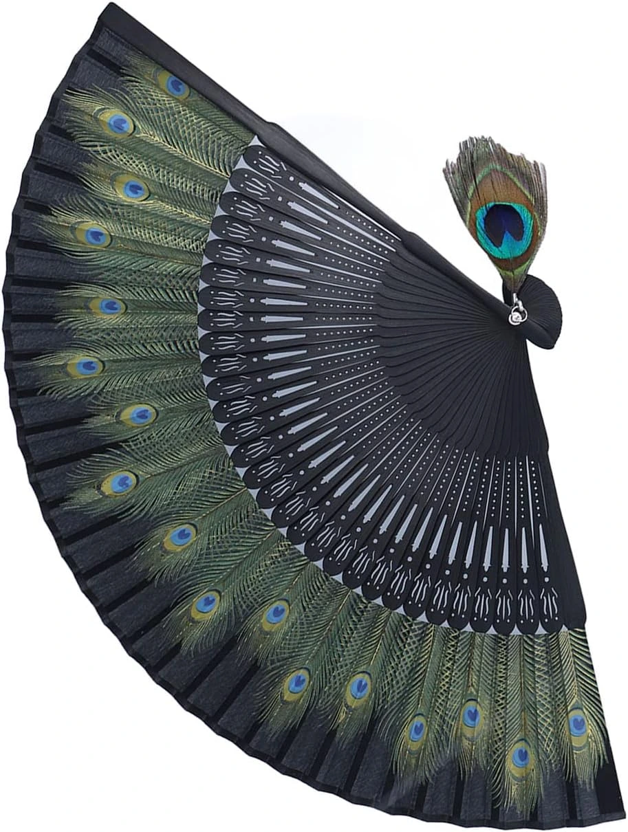 Abanico Waketcs negro con ocelos de pavo real