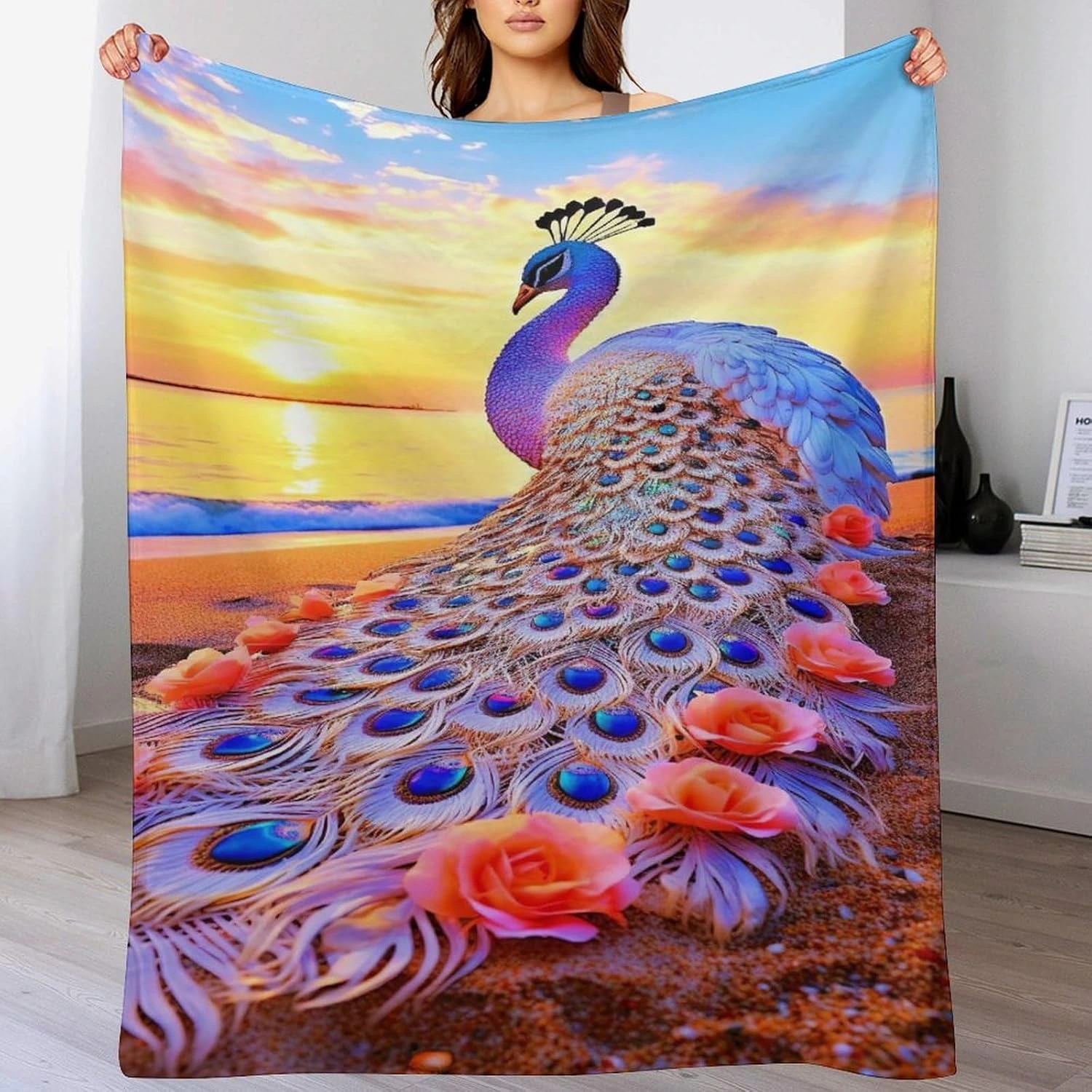 Manta AAPZY de pavo real al atardecer · 100 × 130 cm