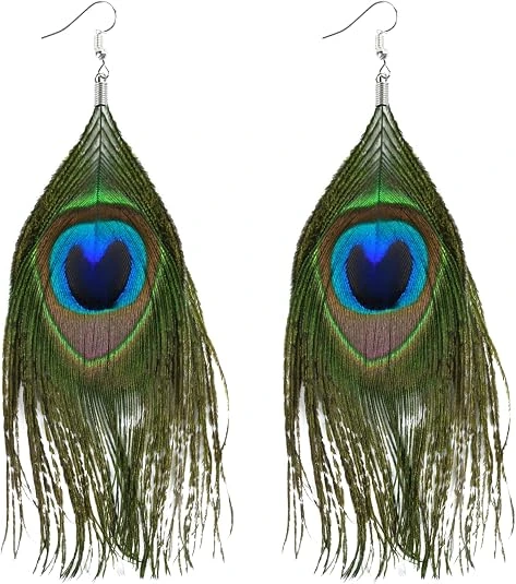 Pendientes YUYWWAN de plumas con ocelo azul y verde