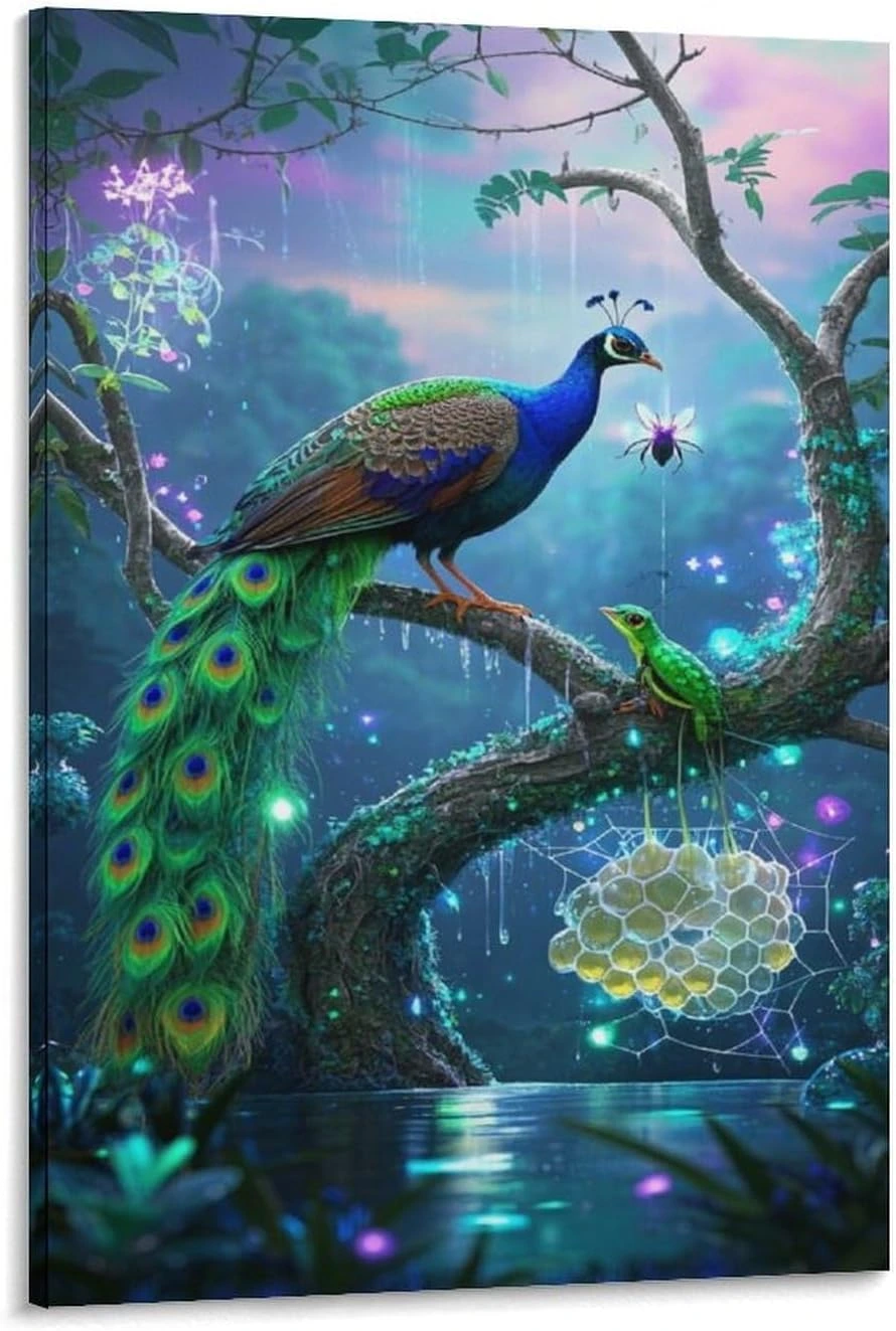 Lienzo MEFESE de pavo real y formas luminosas · 50 × 75