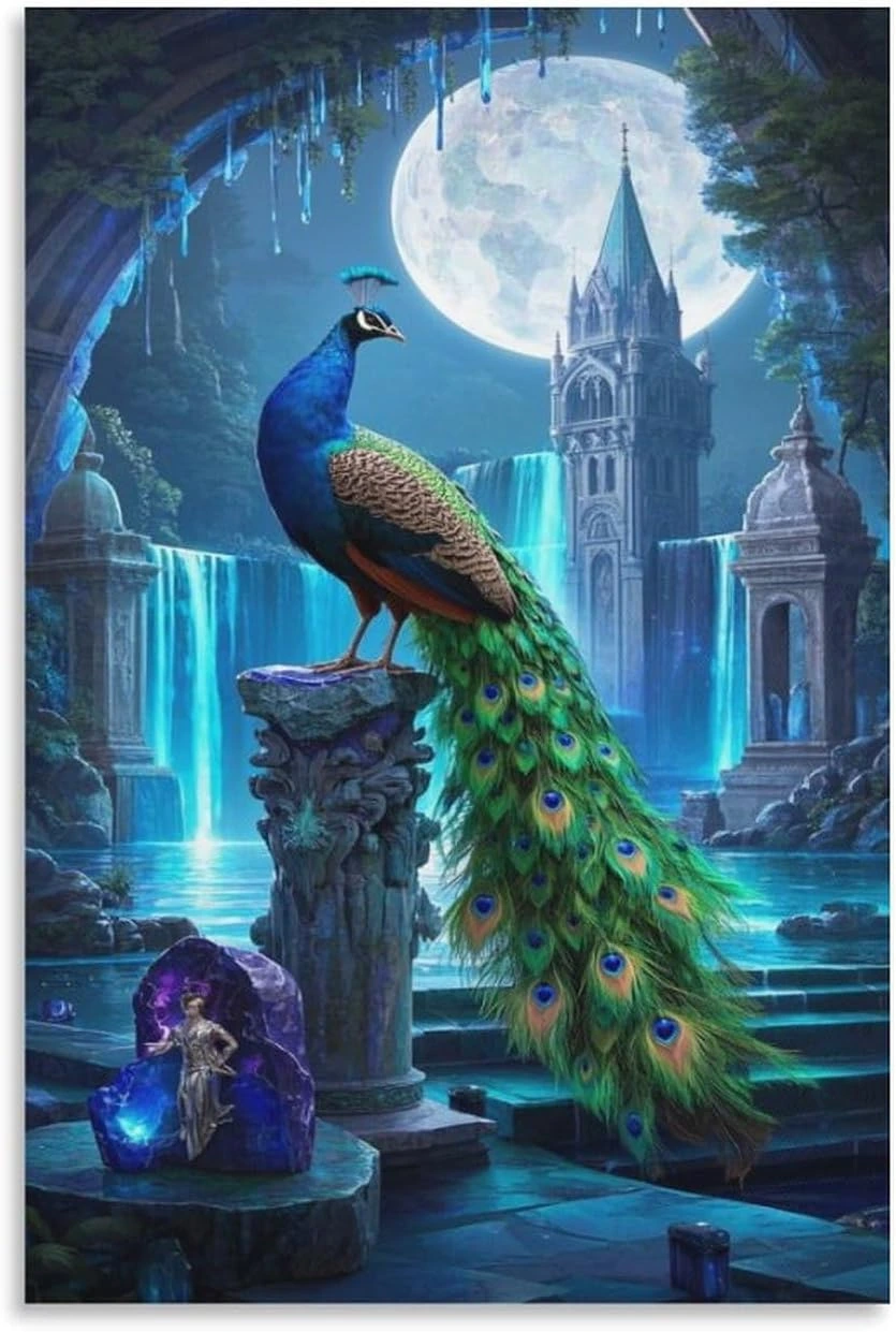 Lámina MEFESE de pavo real con luna y cascadas
