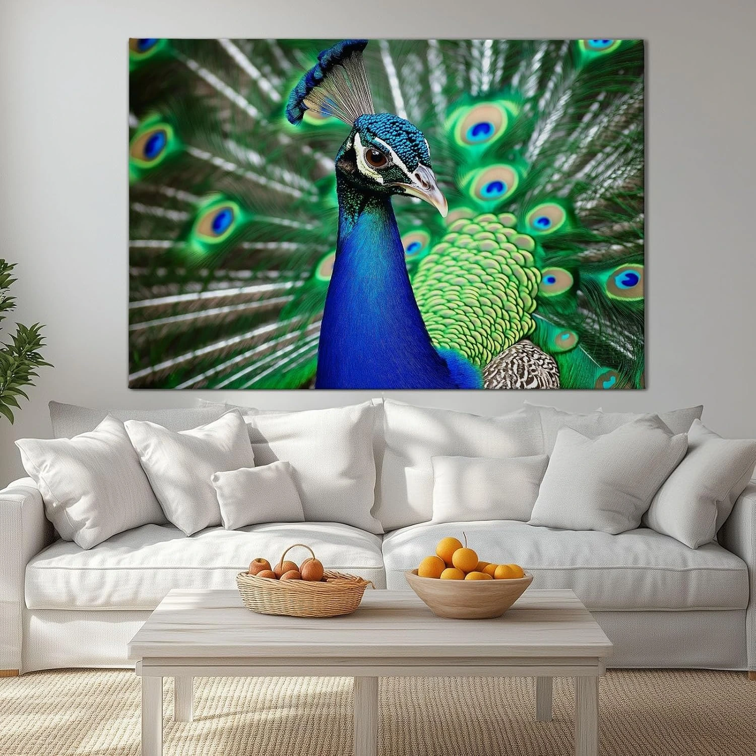 Lienzo panorámico de pavo real ante su abanico · 120 × 60