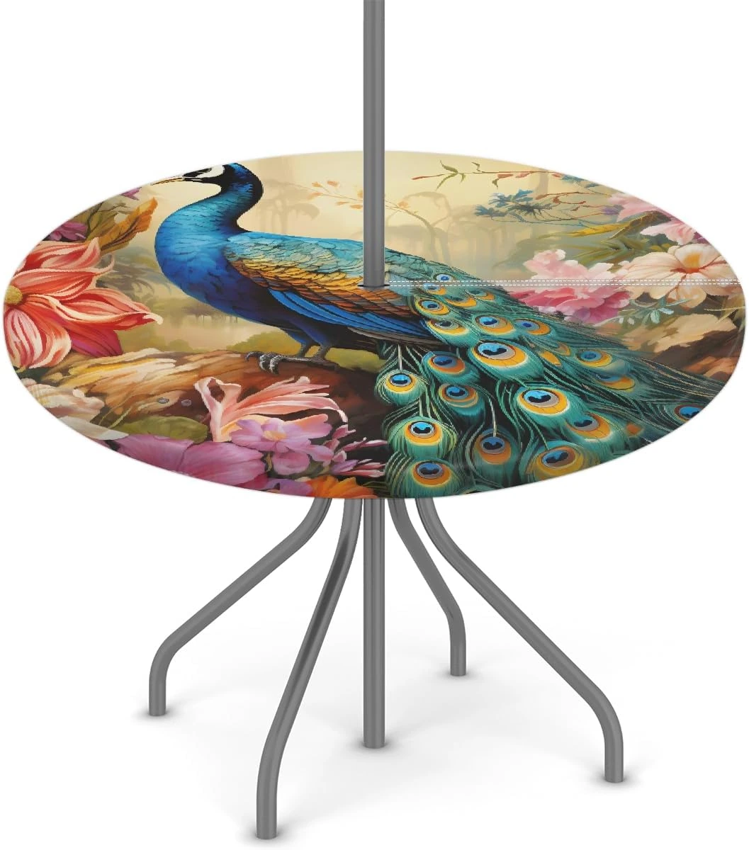 Mantel Entemne de pavo real para mesa con sombrilla