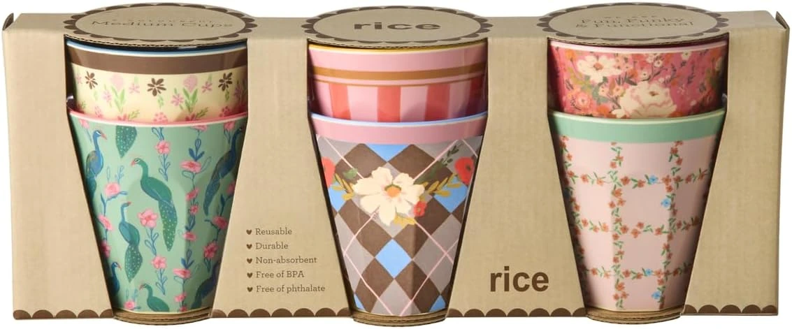 Seis vasos Rice de motivos variados · uno de pavo real
