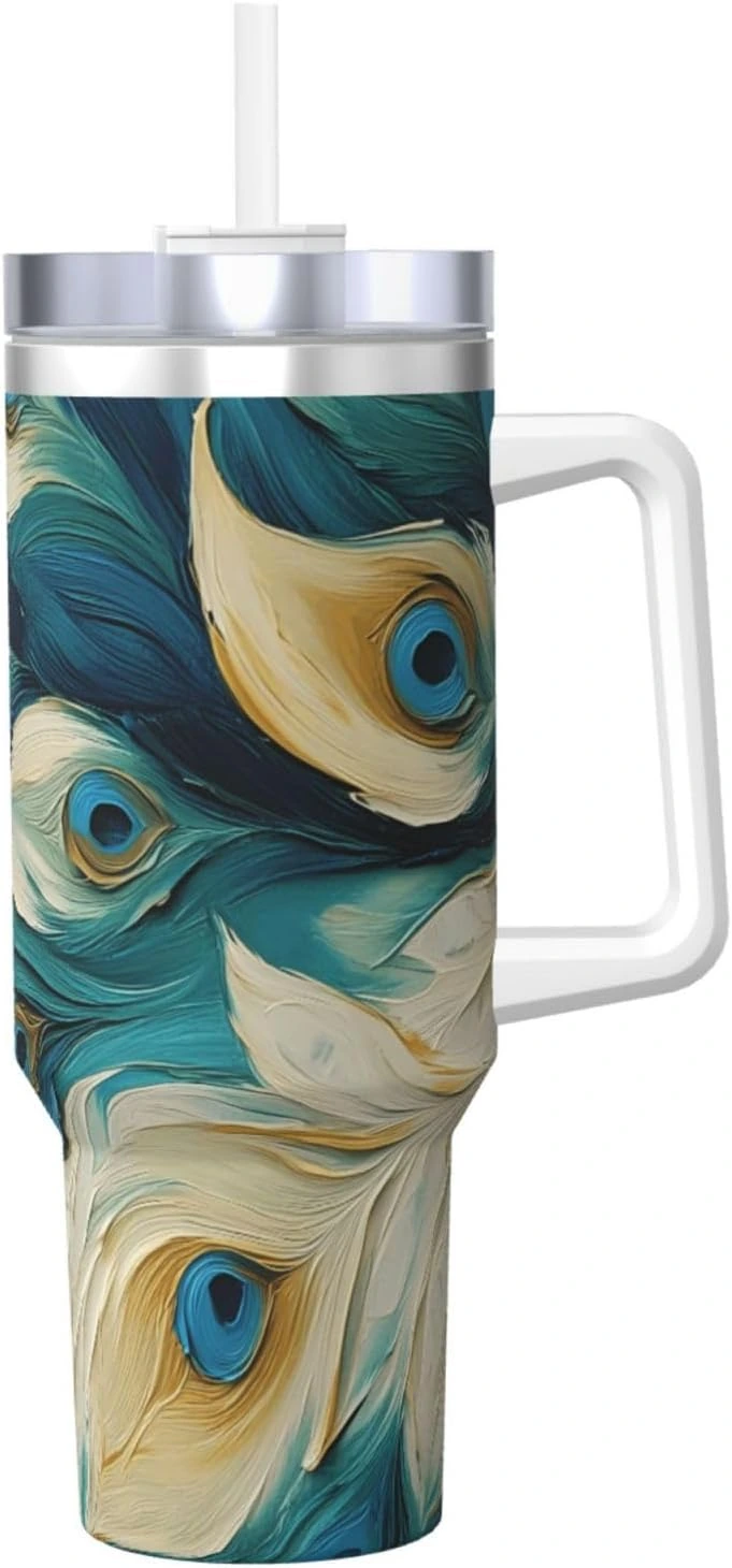Vaso ZSUUGJ con asa y pajita de ocelos crema y turquesa